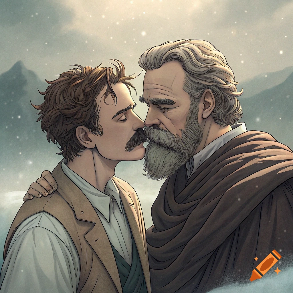 Anime illustration of two historical figures, Friedrich Nietzsche and Plato, sharing an affectionate kiss amidst a snowy mountain landscape.