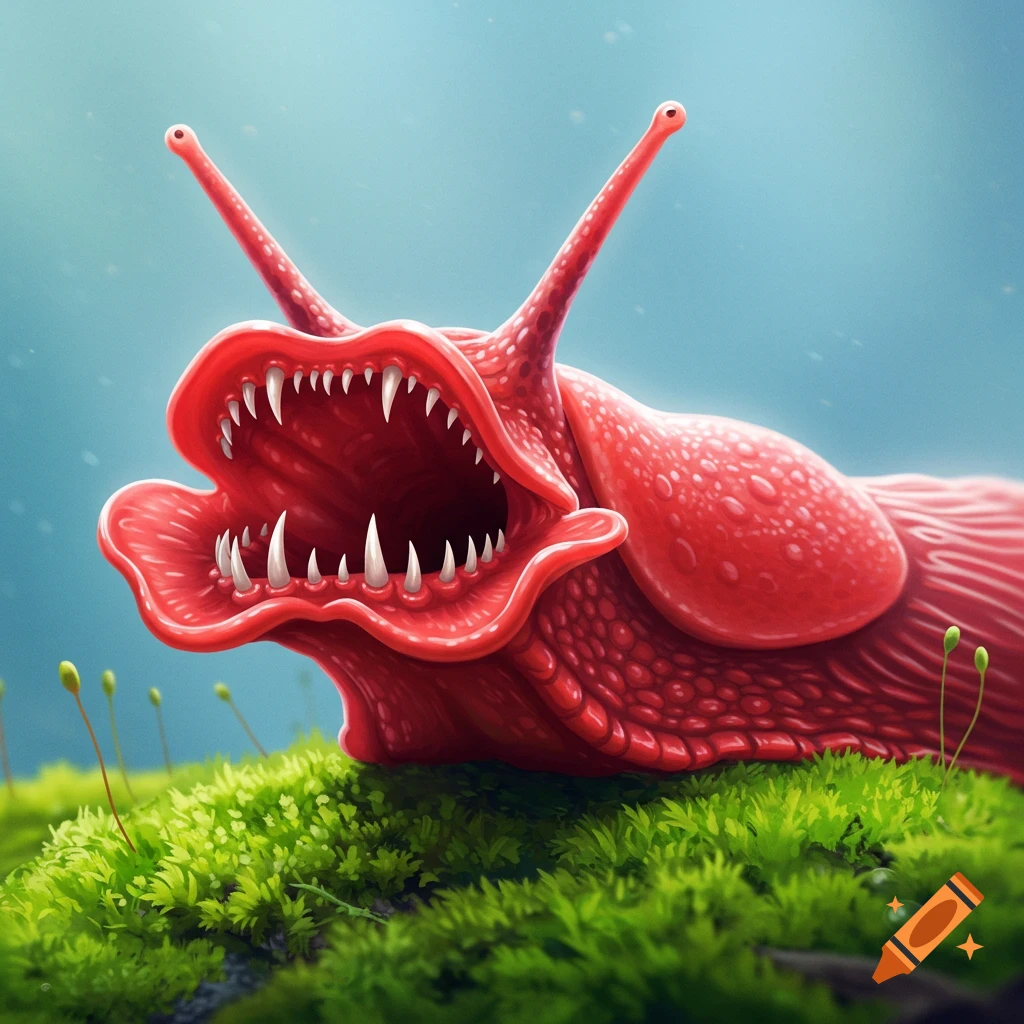 A vibrant red slug-like monster with a wide, petal-shaped mouth full of sharp teeth, sitting on green moss against a blue background.