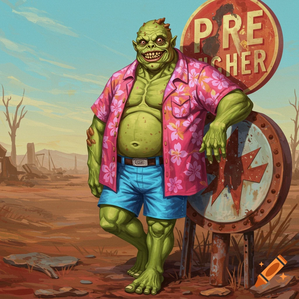 A green super mutant from Fallout, wearing a pink Hawaiian shirt and blue shorts, grins while leaning on a rusty sign in a desolate wasteland.