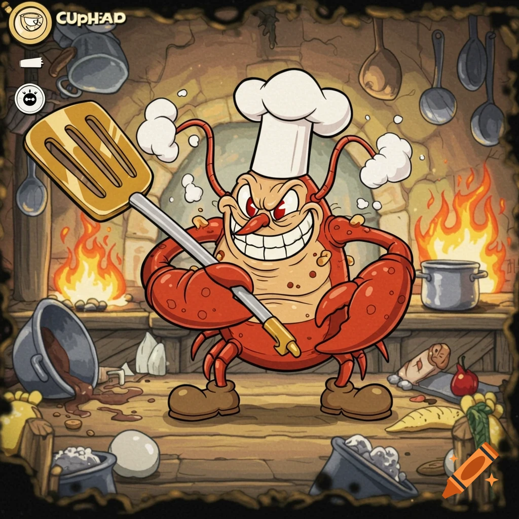 A menacing cartoon lobster chef in a white hat holds a spatula in a kitchen with fires, in Cuphead game style.