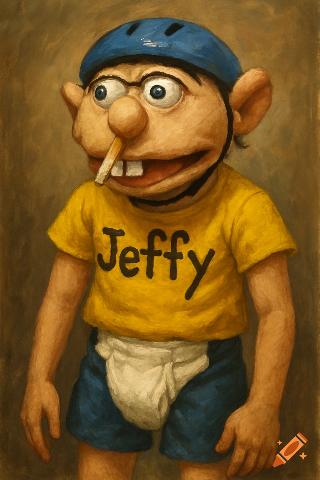 Oil painting of the puppet Jeffy wearing a blue helmet, yellow shirt, blue shorts with a diaper, and a stick in his mouth.