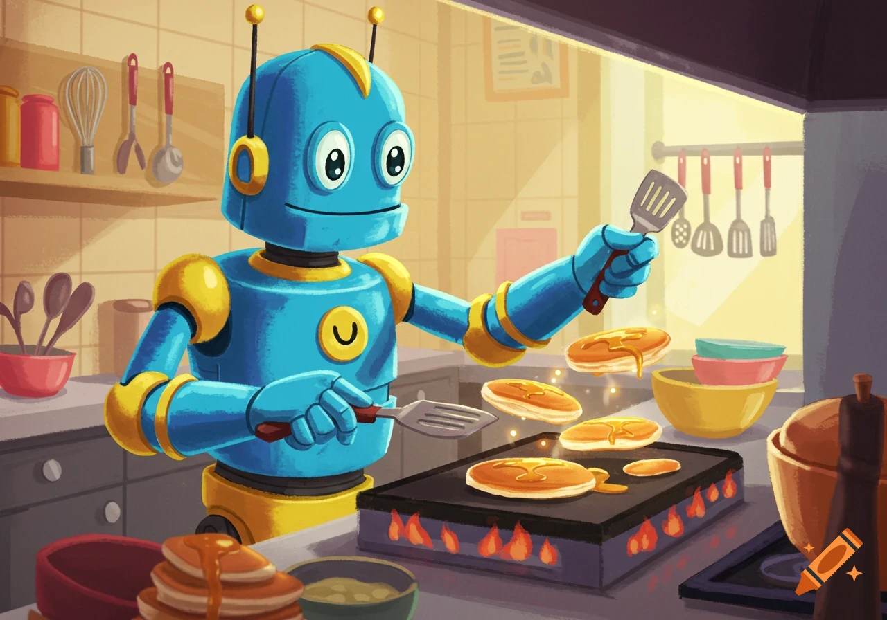 A friendly blue and yellow robot in a kitchen makes pancakes on a griddle, holding two spatulas in this cartoon illustration.