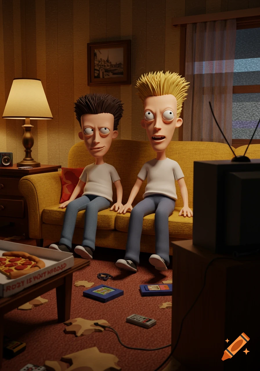 Two stylized cartoon characters resembling Beavis and Butthead sit on a yellow couch watching TV in a dimly lit living room.