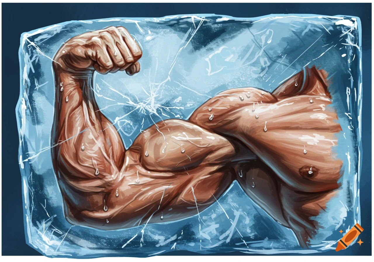 Muscular arm and torso frozen in a block of cracked ice, with water droplets. Stylized illustration.