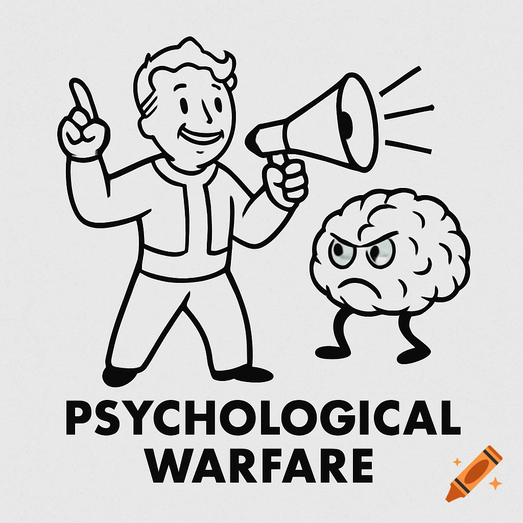 A cartoon character resembling Vault Boy holds a megaphone next to an angry brain, with 'PSYCHOLOGICAL WARFARE' text below.