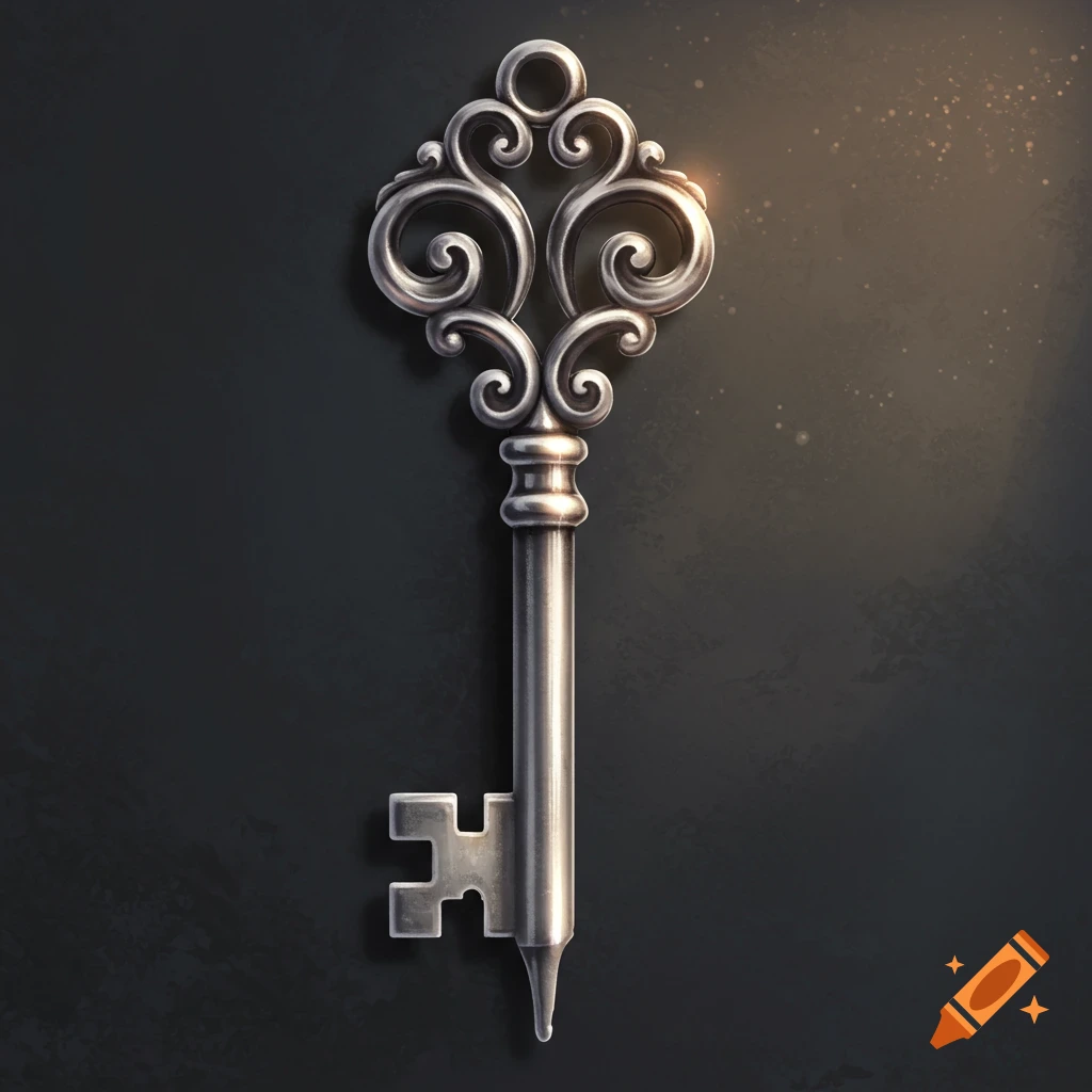 A detailed silver skeleton key with an ornate handle stands upright against a dark background with a soft glow.