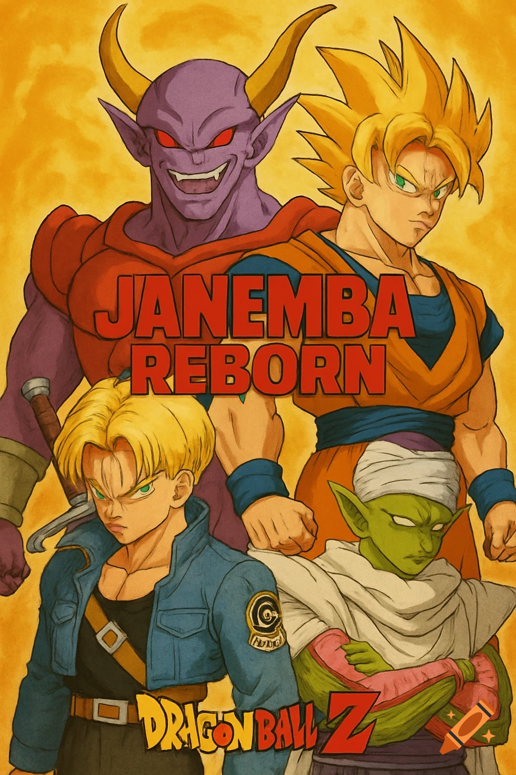 A colorful anime-style poster featuring Dragon Ball Z characters Janemba, Super Saiyan Goku, Future Trunks, and Piccolo, with the title "JANEMBA REBORN" and "DRAGON BALL Z".