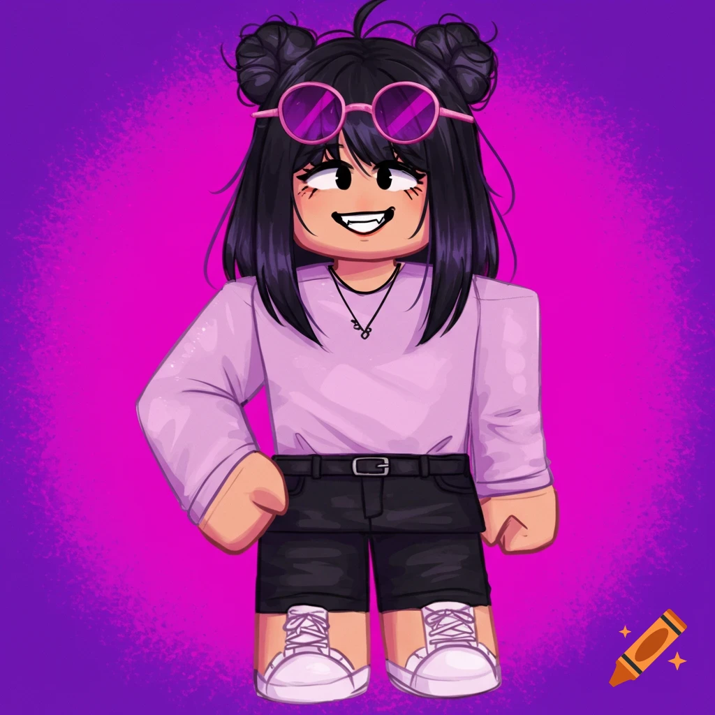 A black-haired Roblox-style character with pink sunglasses, a light purple long-sleeve shirt, black shorts, and white sneakers against a purple and pink background.