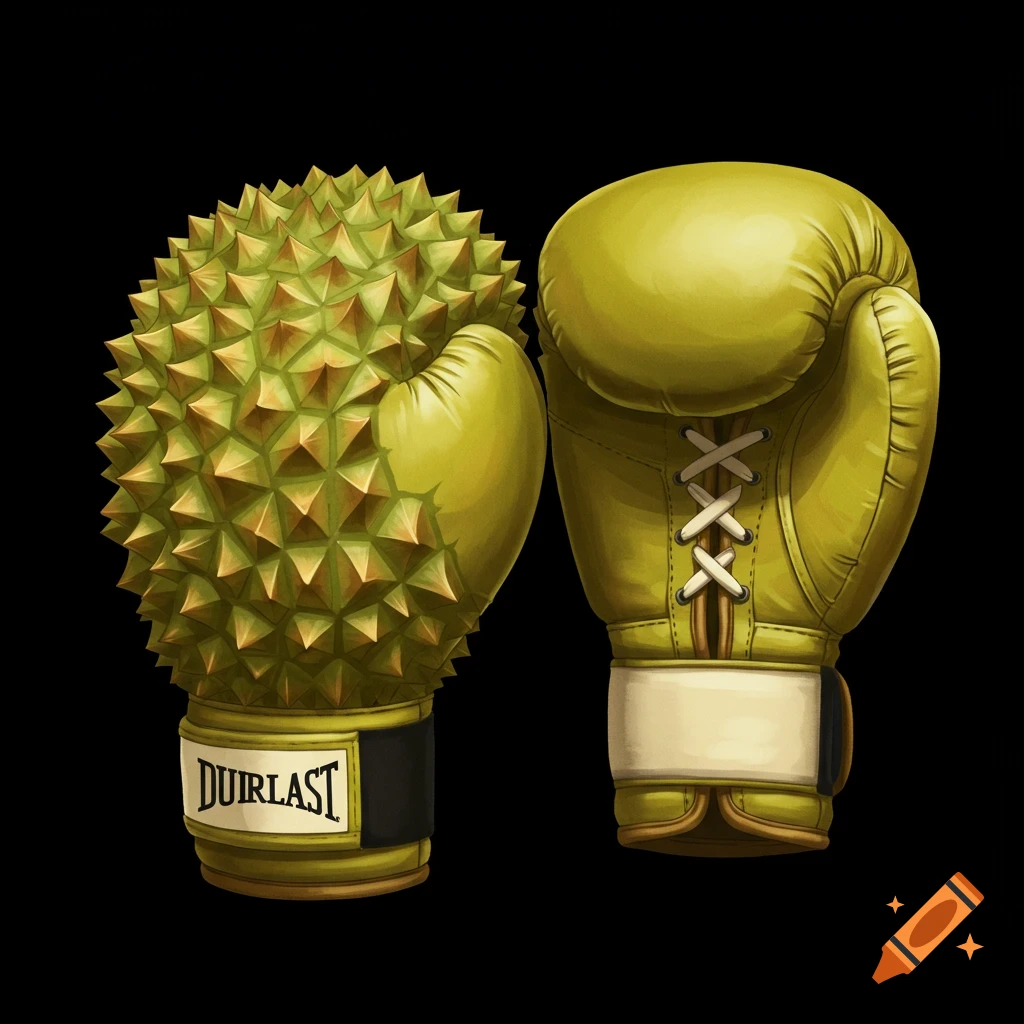 Two lime-green boxing gloves on a black background, one textured like a spiky durian fruit, the other smooth.