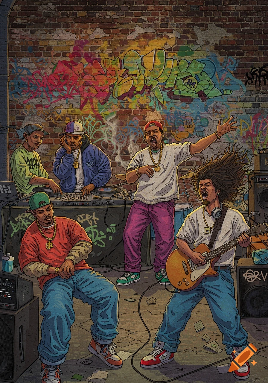 An illustrative image of a 90s hip-hop and rock scene with five men performing in front of a graffiti-covered brick wall, with sound equipment and smoke visible.