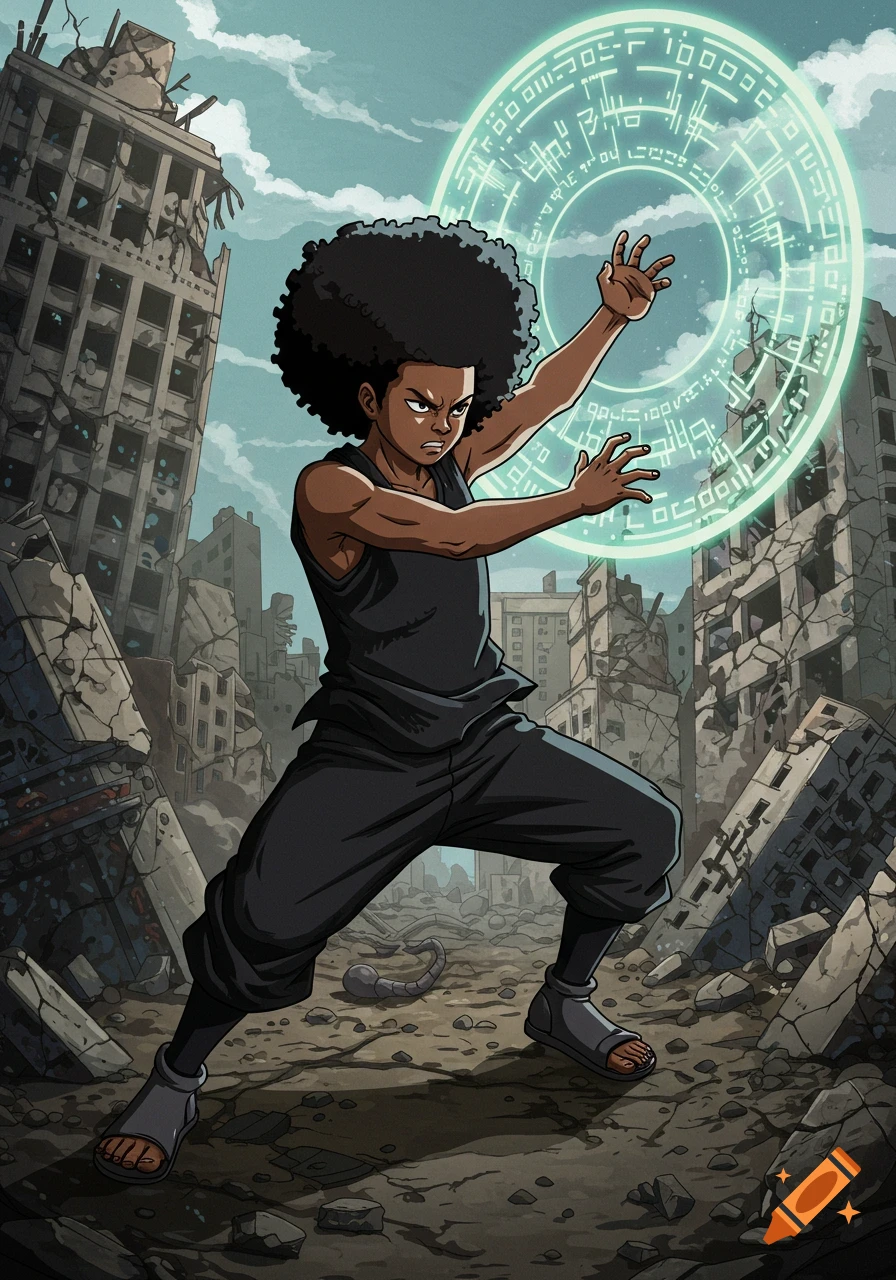 A young Black man with an afro and black clothes casts a glowing green magical circle amidst destroyed city buildings in anime style.