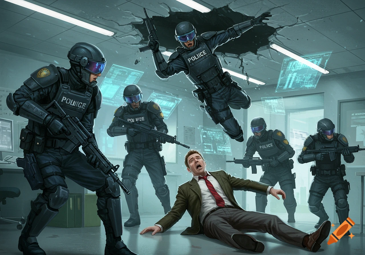 A stylized illustration shows SWAT-like officers bursting through a ceiling and a door to arrest a terrified man in an office.