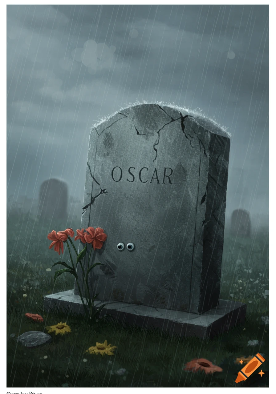 A cartoon tombstone with googly eyes stands in a rainy graveyard, with red flowers at its base.
