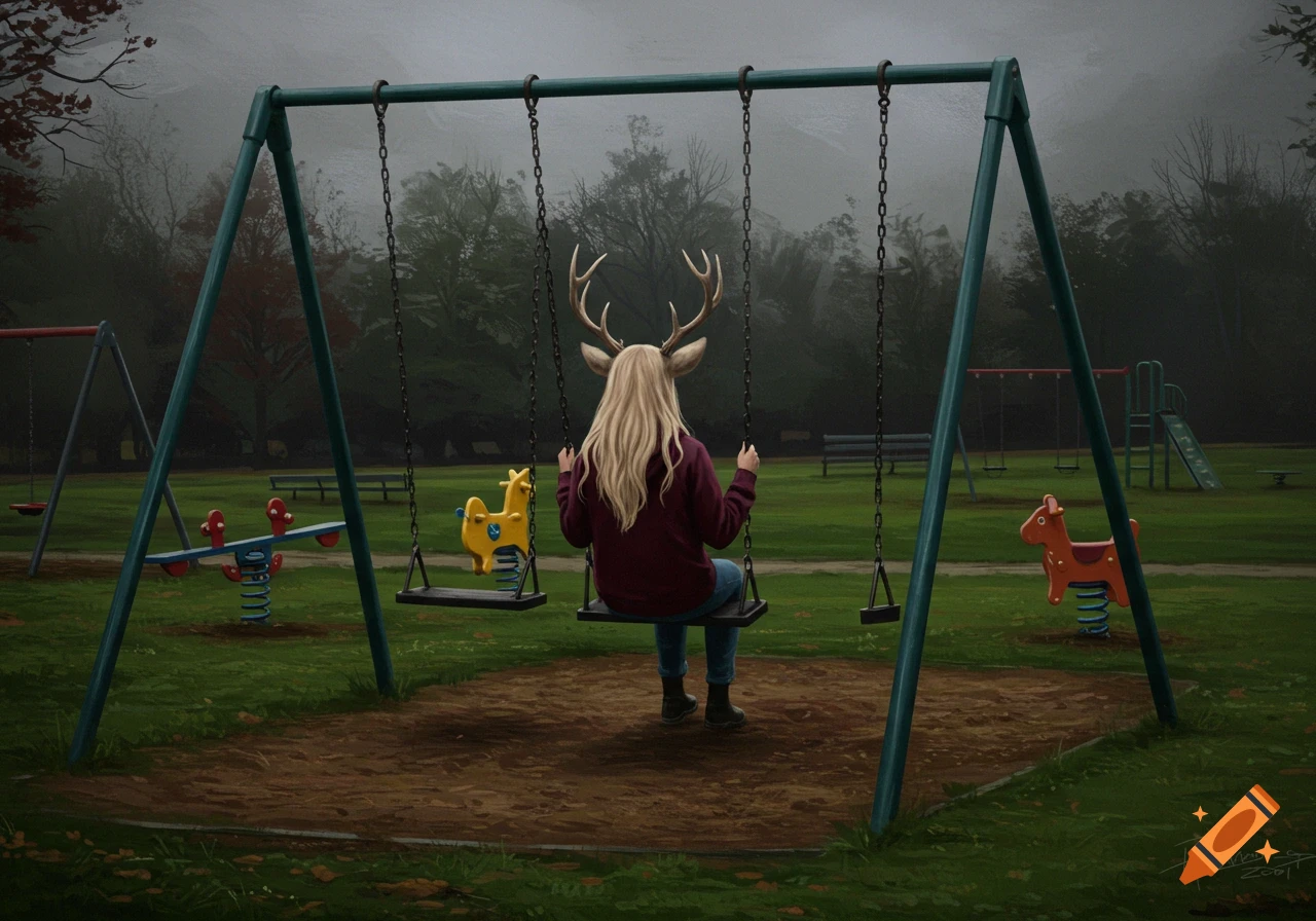 A painterly digital illustration of a woman with long blonde hair and antlers sitting on a swing in a gloomy playground.