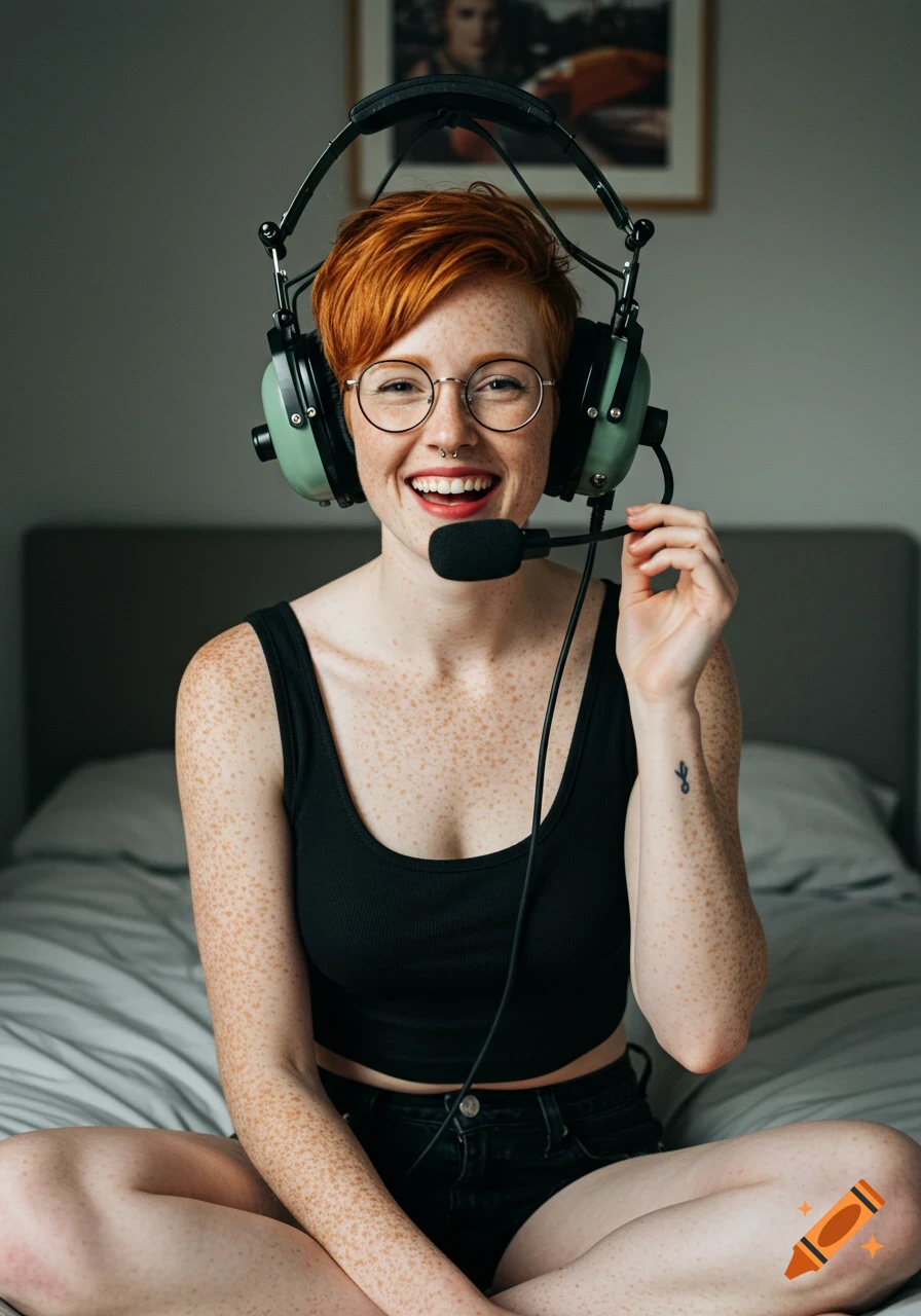 A smiling redhead woman with freckles, glasses, and a nose ring, wearing a large aviation headset, sits cross-legged on a bed.