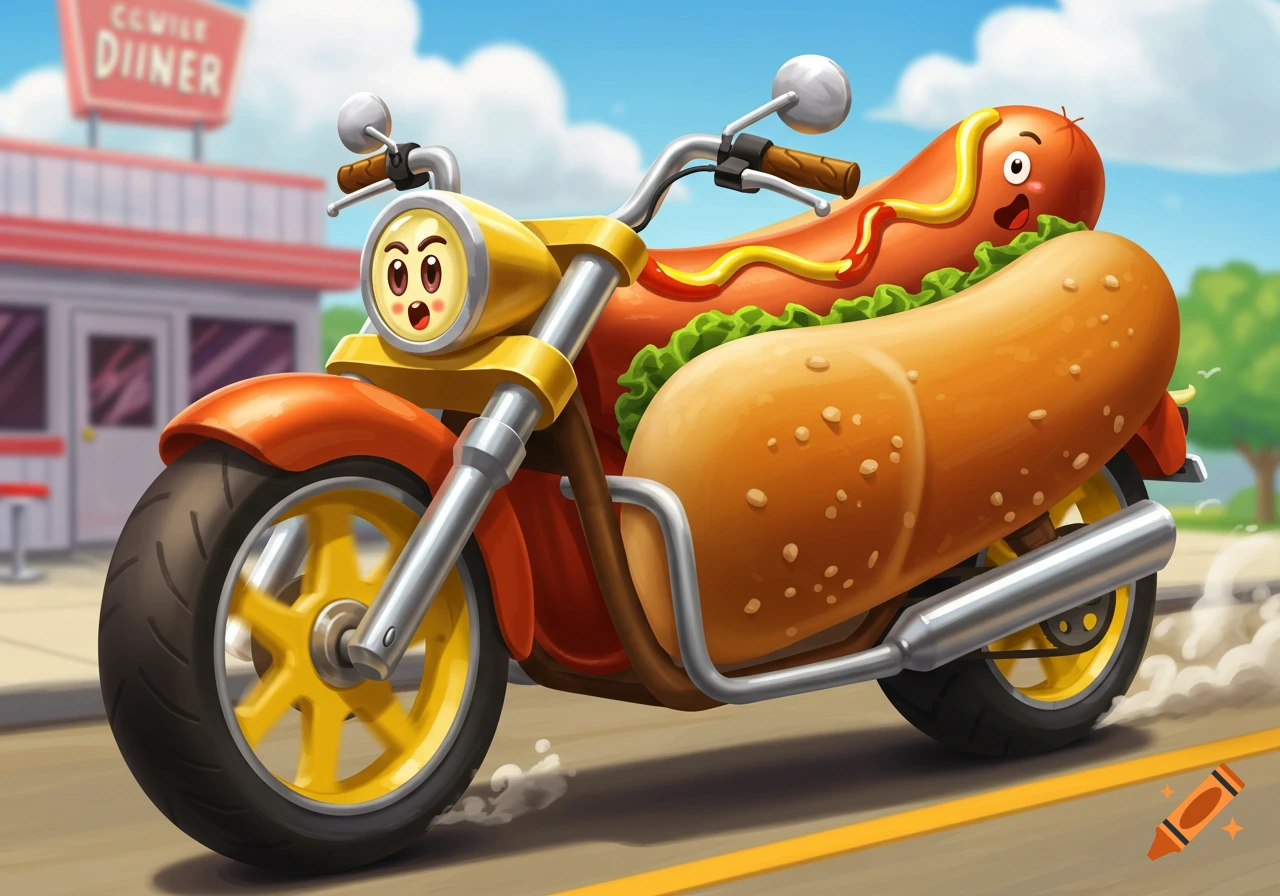 A cheerful cartoon hot dog motorcycle with a hot dog bun body and a ...