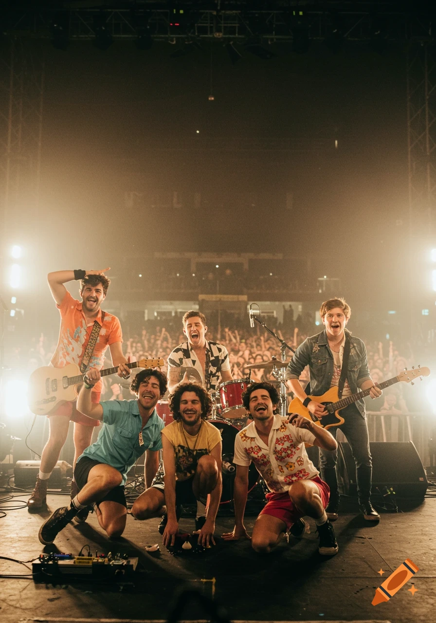 A group of six men, a pop band, pose on a brightly lit stage in front of a cheering crowd.