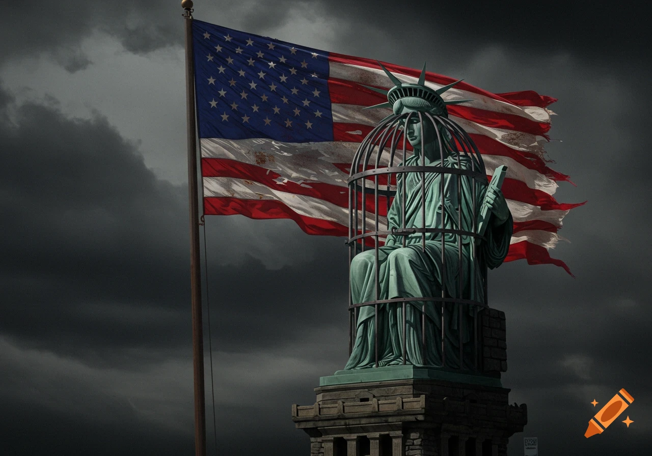 Caged Statue of Liberty sits on its pedestal with a torn US flag under a dark, stormy sky.