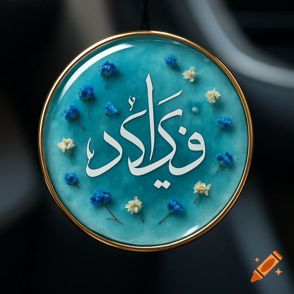 A round Islamic car ornament with white Arabic calligraphy on turquoise, bordered by gold, and decorated with blue and white dried flowers.