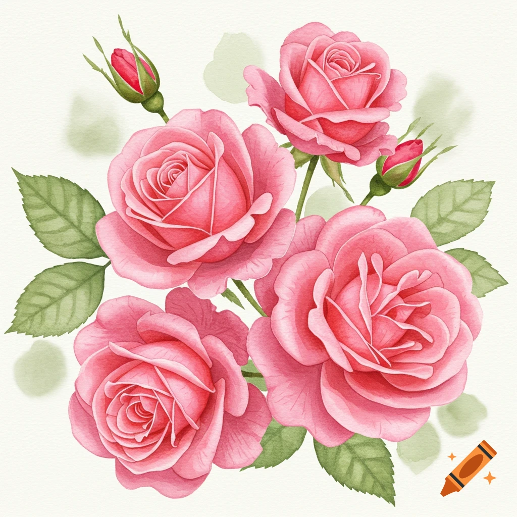 Watercolor illustration of a bouquet of pink roses with green leaves on a light background.