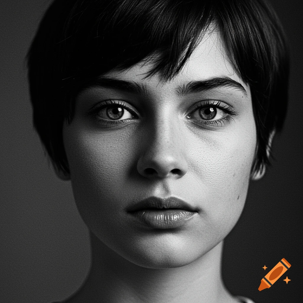 Close-up photorealistic black and white portrait of a person's face looking directly forward.