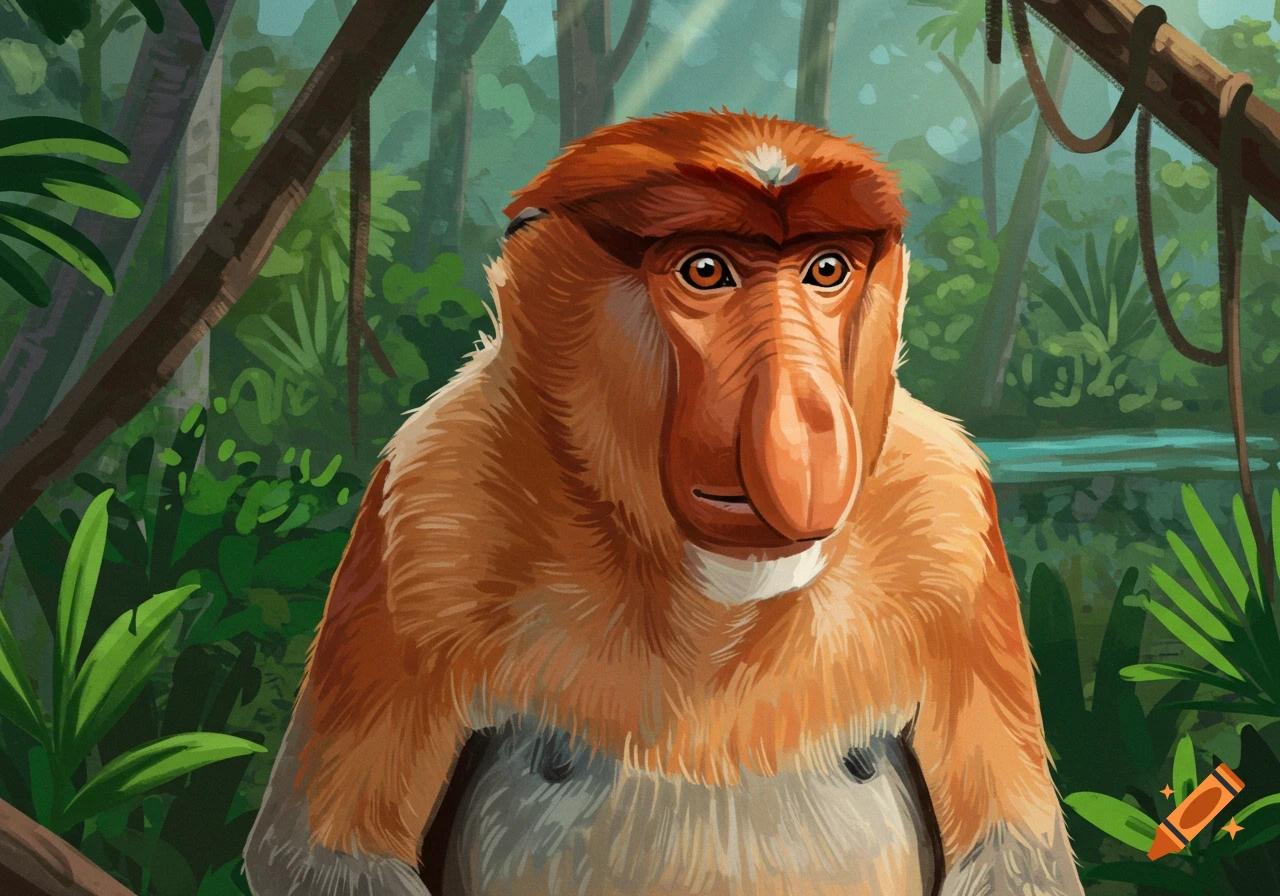 An illustrative close-up of a proboscis monkey in a lush green jungle.