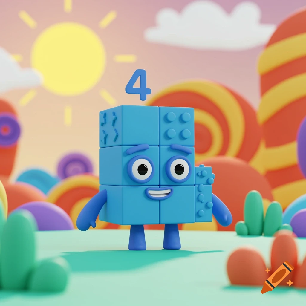 A blue block character with a number 4 floating above its head stands in a colorful, cartoon-like landscape under a sunny sky.