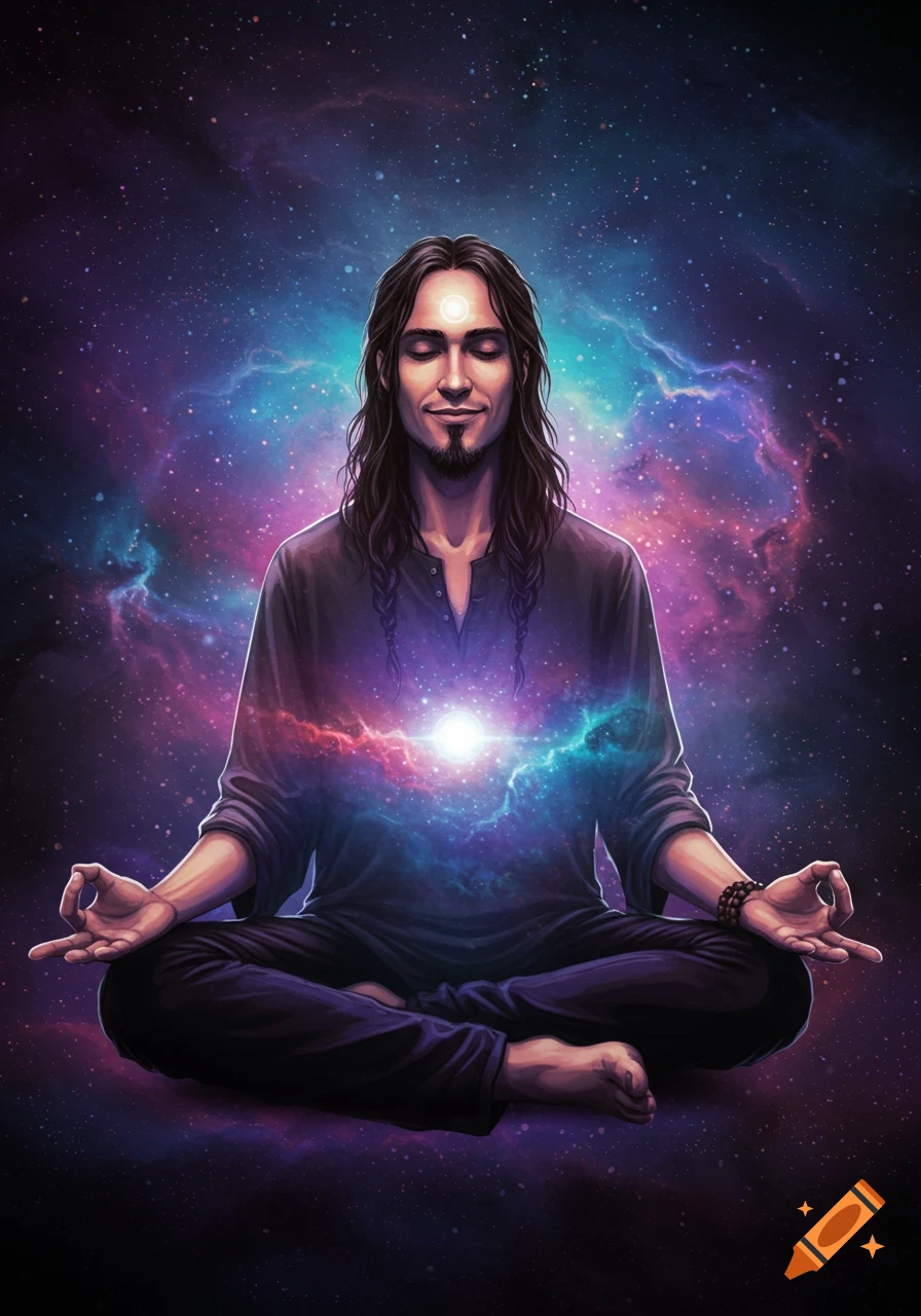 A man with long hair meditates in the lotus position, floating against a vibrant purple and blue galaxy background with a bright light in his chest.