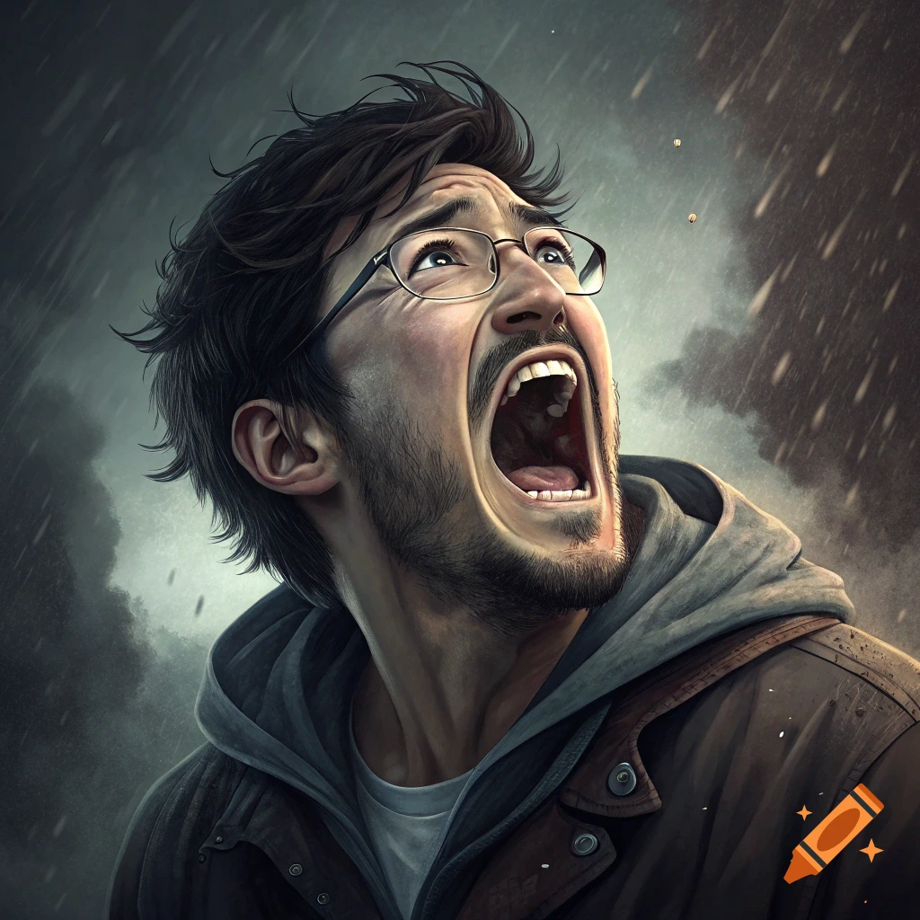 A man with glasses and a beard screams upwards into a stormy, rainy sky.