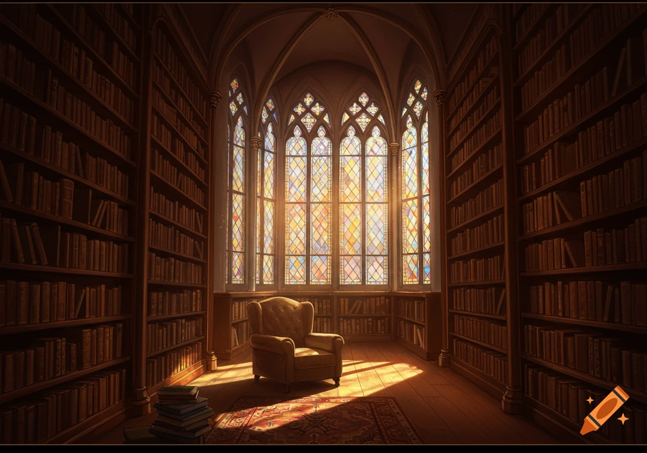 A grand gothic library with tall, dark wood bookshelves, a cozy armchair, and a large, colorful stained glass window casting light on the floor.