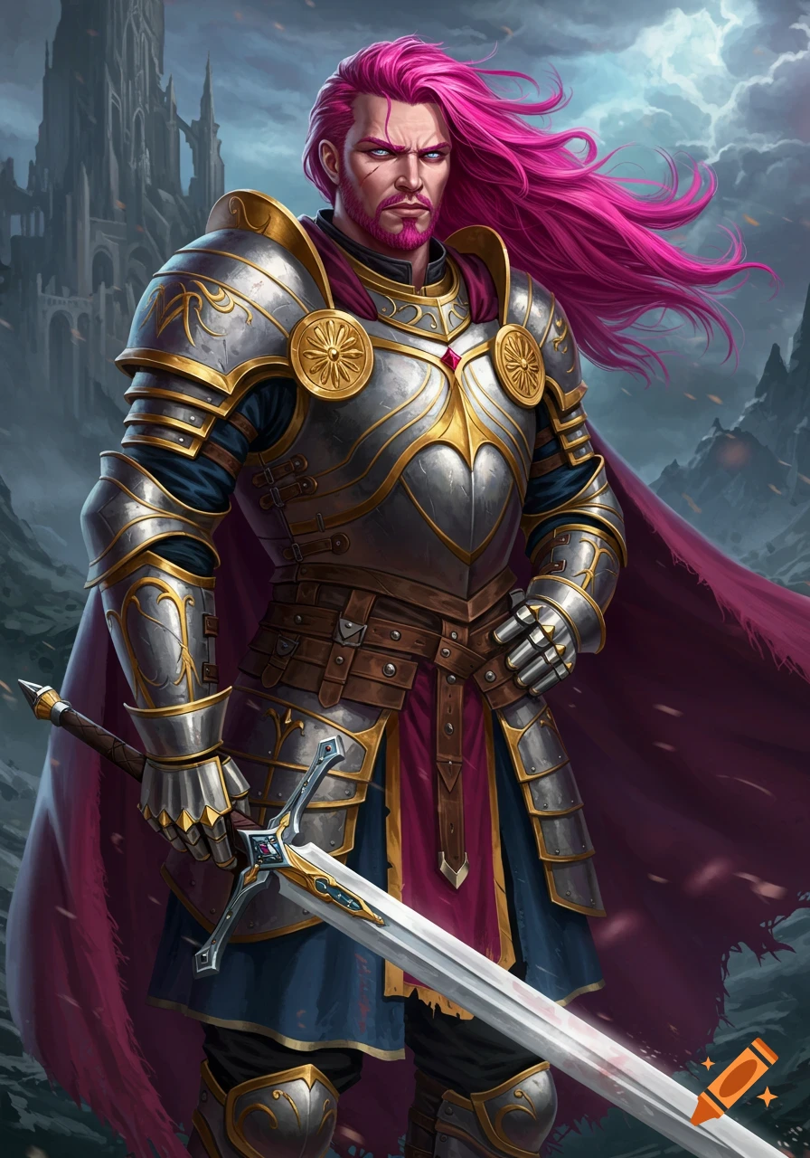 A male paladin with long pink hair and beard in detailed silver and gold armor holds a sword, standing against a dark fantasy castle background.