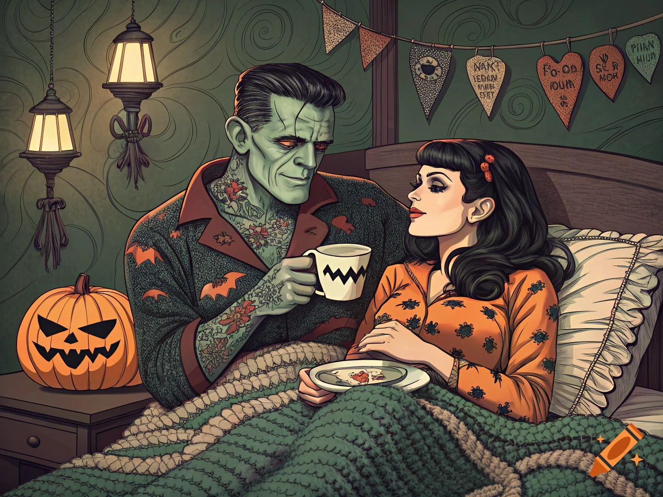 Retro pop art of Frankenstein and a pin-up woman in Halloween pajamas in bed with a jack-o'-lantern.