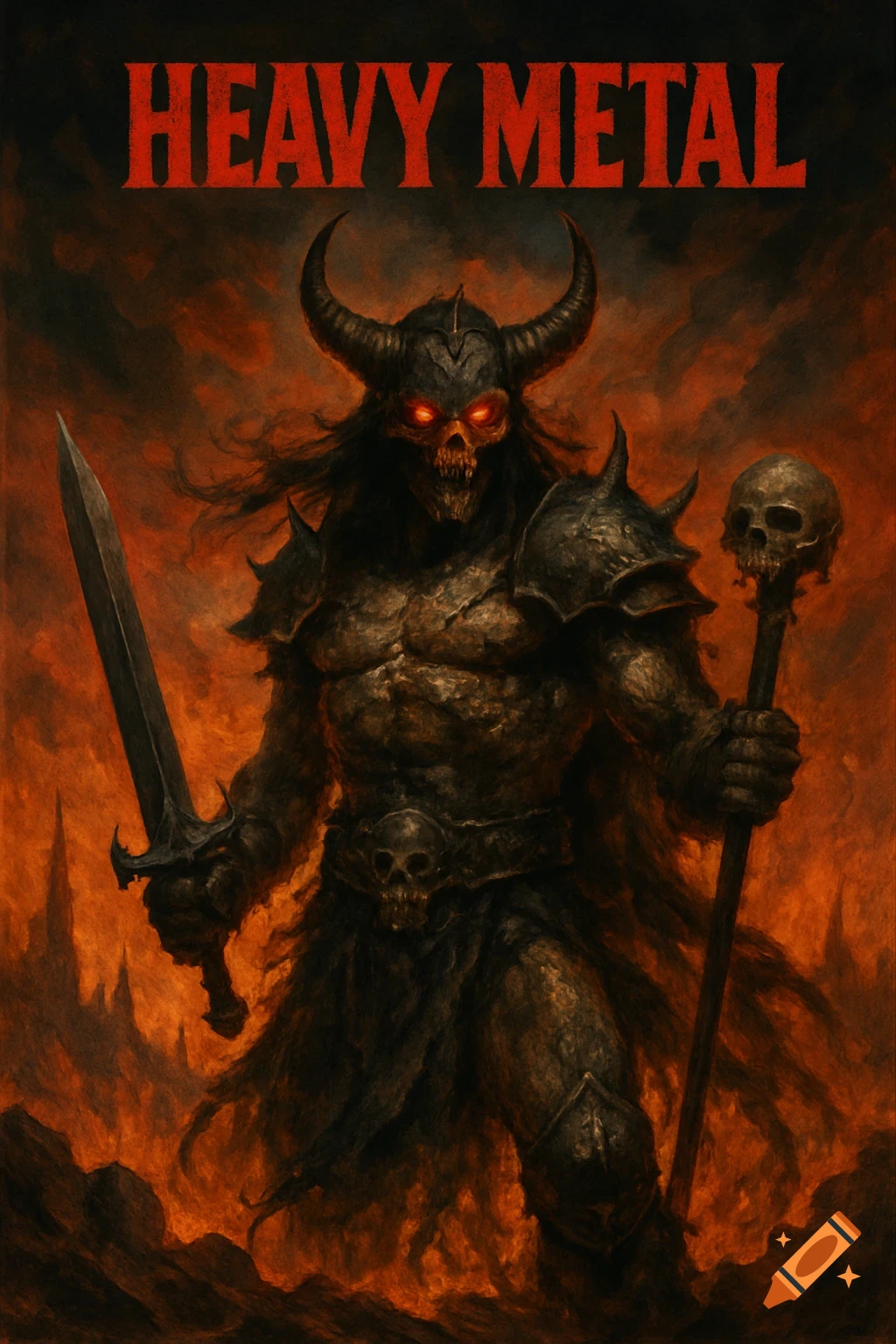 Dark fantasy illustration of a horned skeletal demon warrior in armor holding a sword and skull staff, with 'HEAVY METAL' text above.