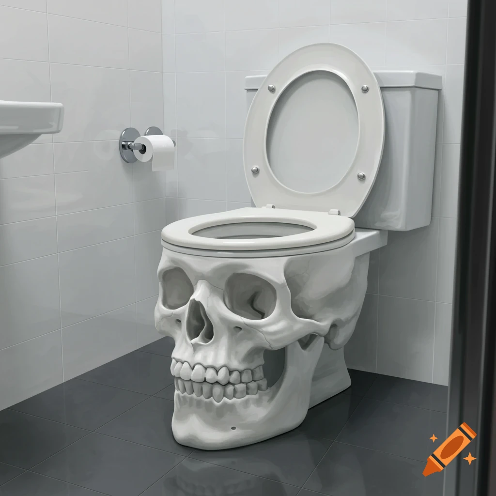 A skull-shaped toilet with an open lid stands in a pristine white tiled bathroom.