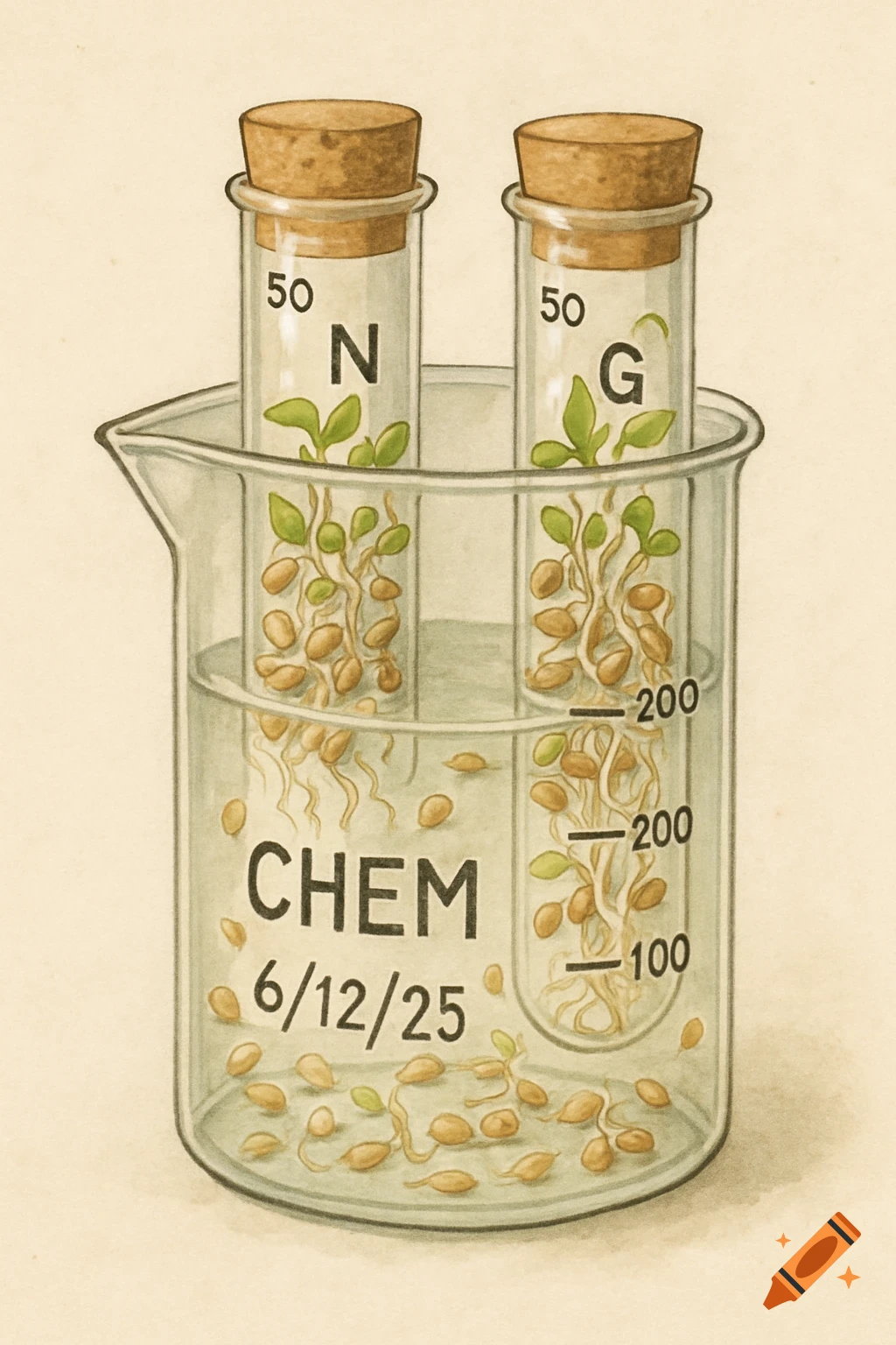 Watercolor illustration of a beaker holding two test tubes, labeled N and G, filled with germinating seeds. The beaker is labeled 'CHEM 6/12/25'.