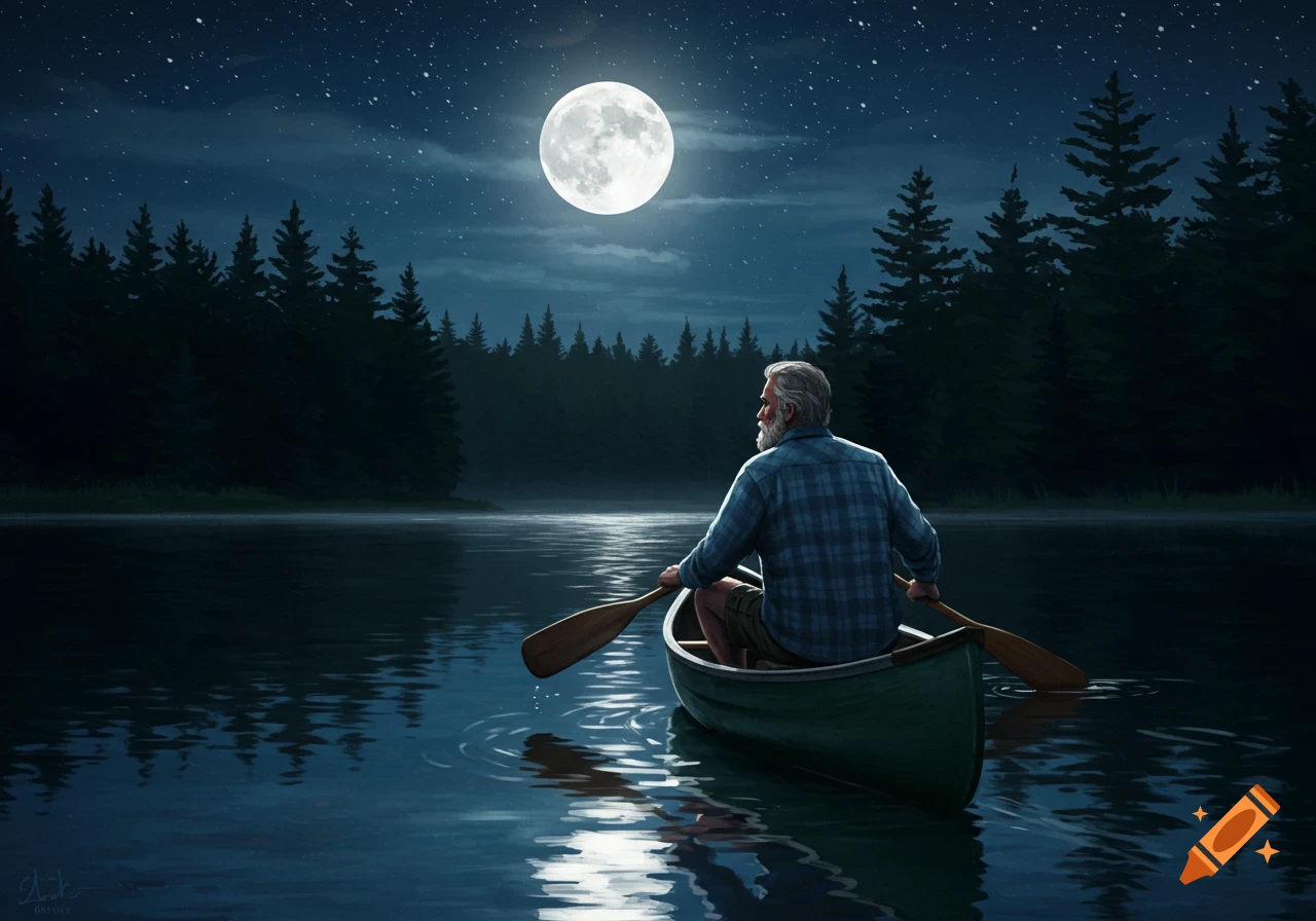 An older man paddles a canoe on a still lake at night, illuminated by a large full moon reflecting on the water. Dark pine trees line the distant shore.