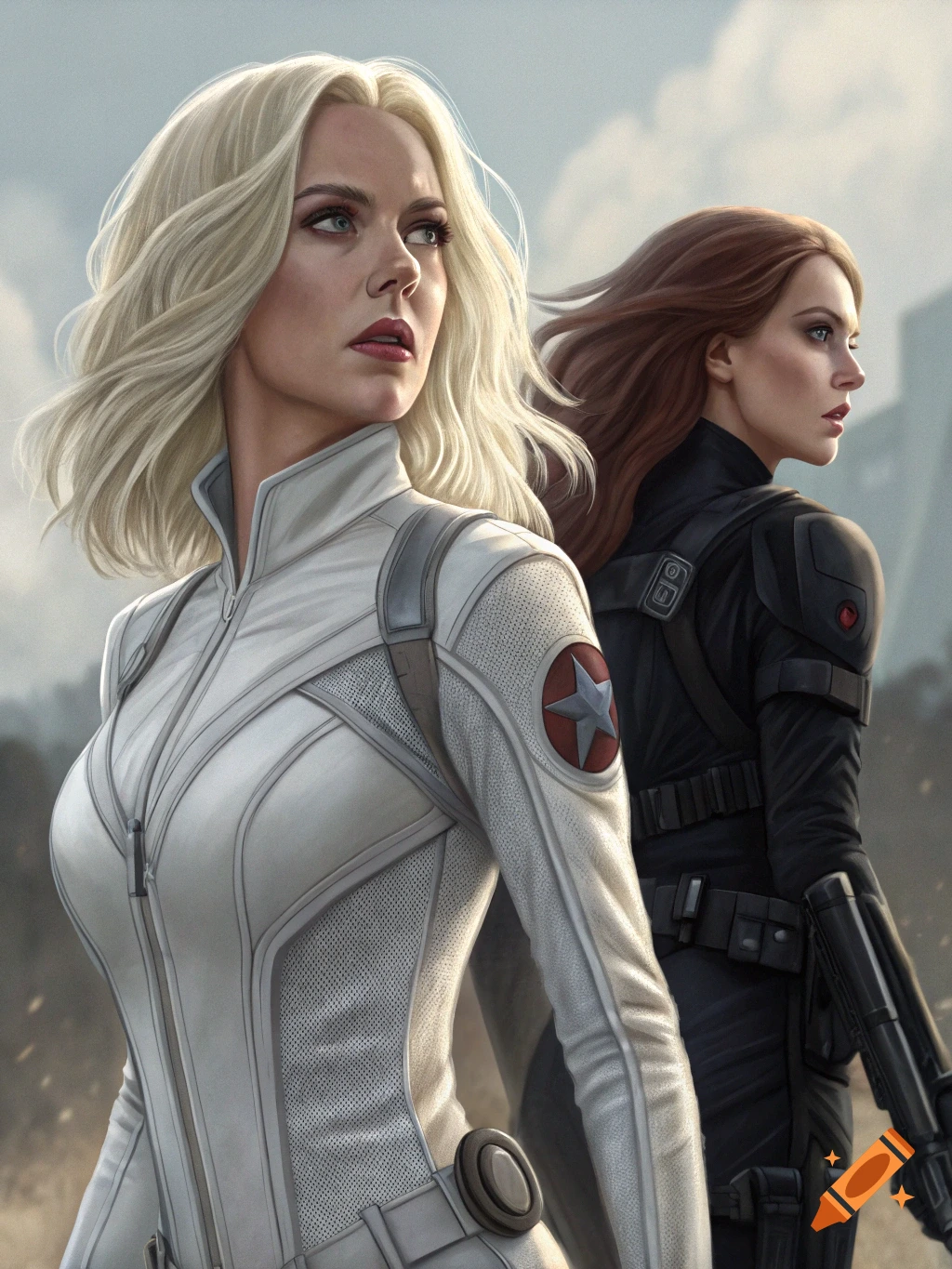 Two women, one blonde in white and one brunette in black tactical suits, stand looking determined in a realistic digital art style.