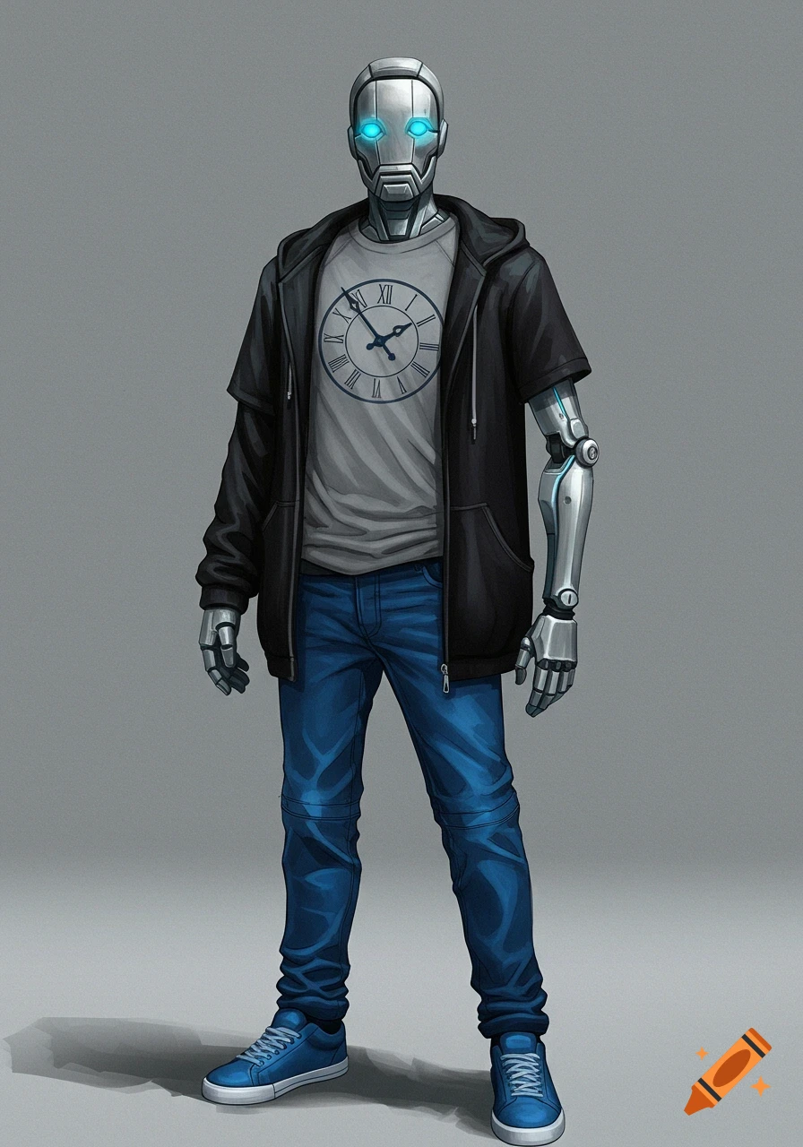 A full-body illustration of a humanoid robot with glowing blue eyes, wearing a black hoodie, gray t-shirt with a clock design, blue jeans, and blue sneakers.