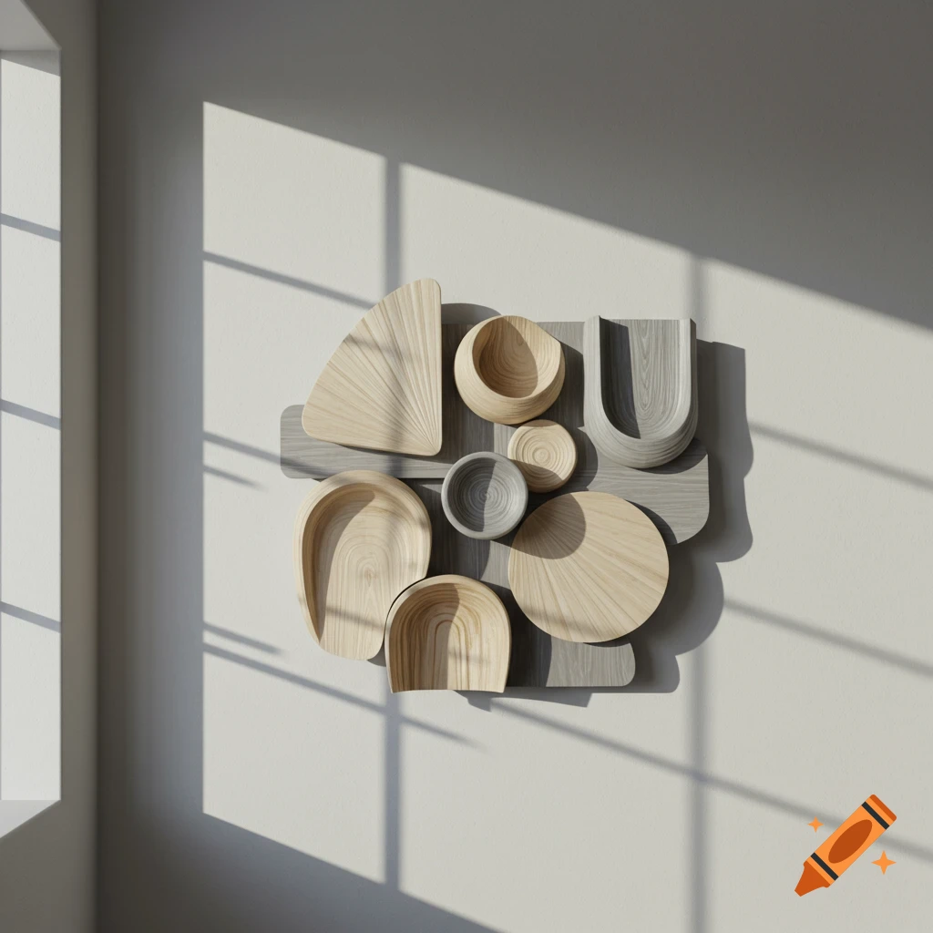 An abstract wall-mounted sculpture made of various light and dark wood shapes, bathed in sunlight from a nearby window.