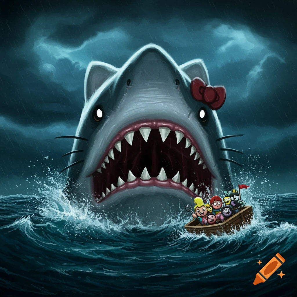 A massive Hello Kitty shark with a red bow and sharp teeth emerges from stormy ocean waves, threatening a small boat with cartoon people. Digital art.