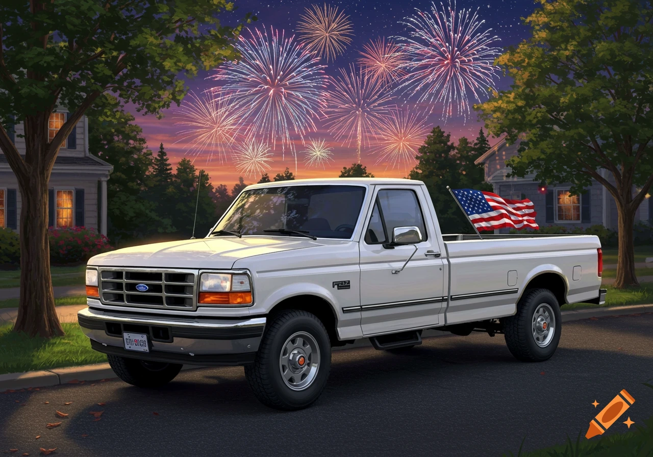 A white Ford F-150 pickup truck parked on a suburban street at dusk, with fireworks exploding in the sky above. An American flag flies from the truck bed.