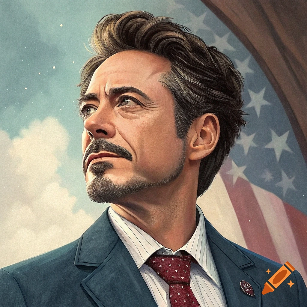 A portrait of a man resembling Robert Downey Jr. in a suit, looking up with an American flag in the background.