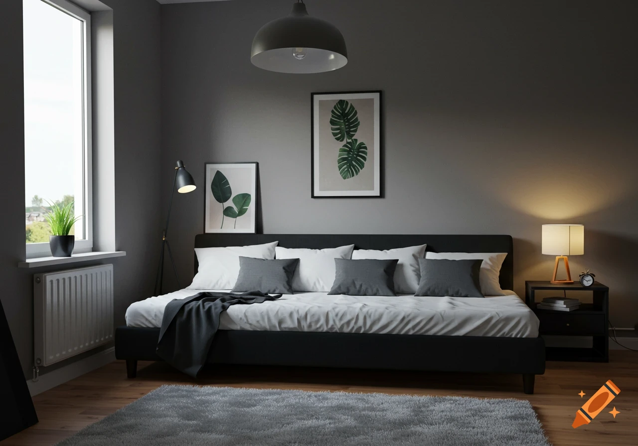 A modern, cozy bedroom with dark grey walls, a black bed, white and grey bedding, framed plant art, a floor lamp, and a bedside table.