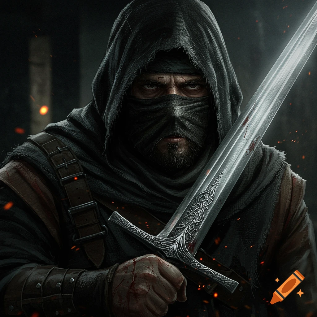 Close-up of a hooded, masked warrior with intense eyes holding a sword with intricate hilt design, blood on hand and blade, in a dark, gritty setting.