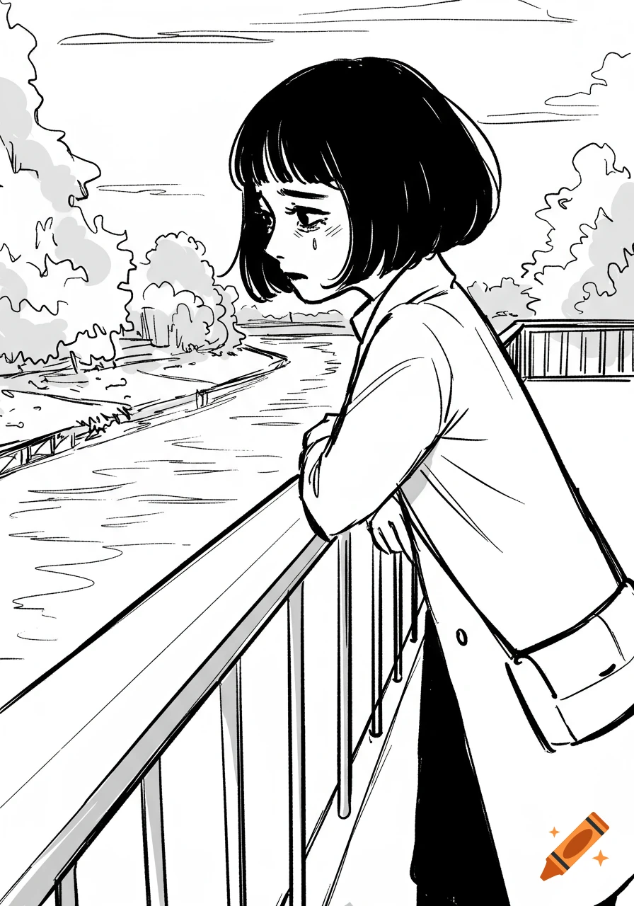 A black and white sketch illustration of a sad woman with a bob cut leaning on a bridge railing, looking down at a river.