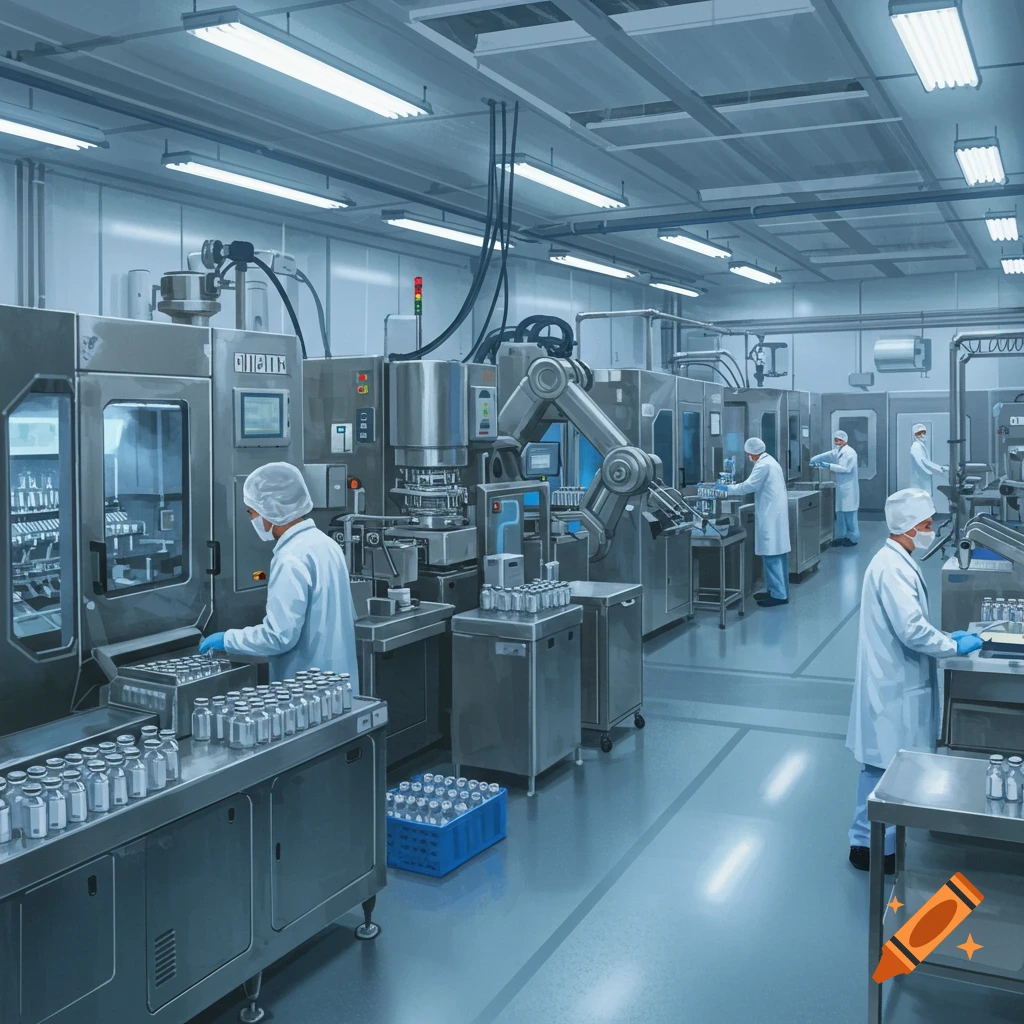 Workers in a sterile pharmaceutical manufacturing facility with production machinery and vials.