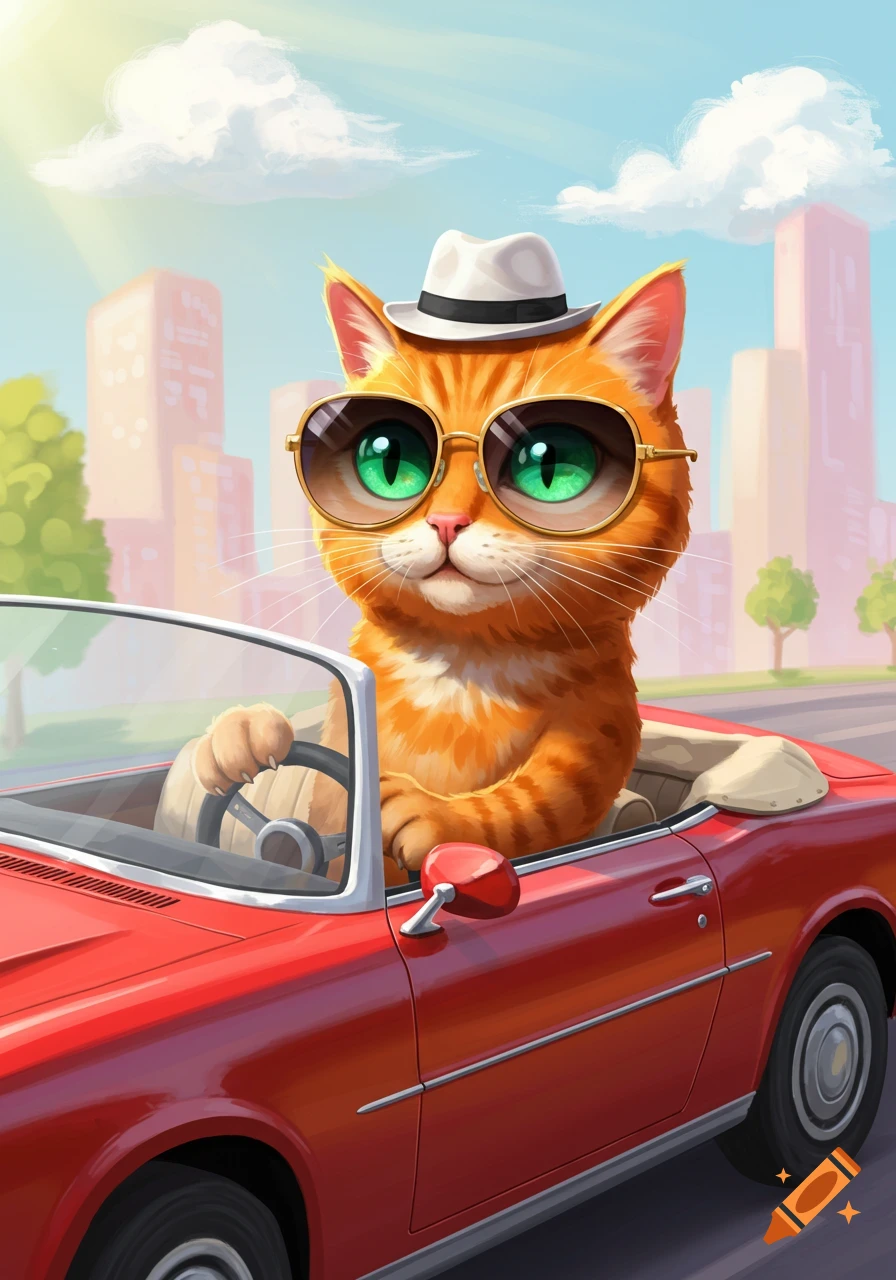 A cartoon orange cat wearing sunglasses and a hat drives a red convertible car down a city street.
