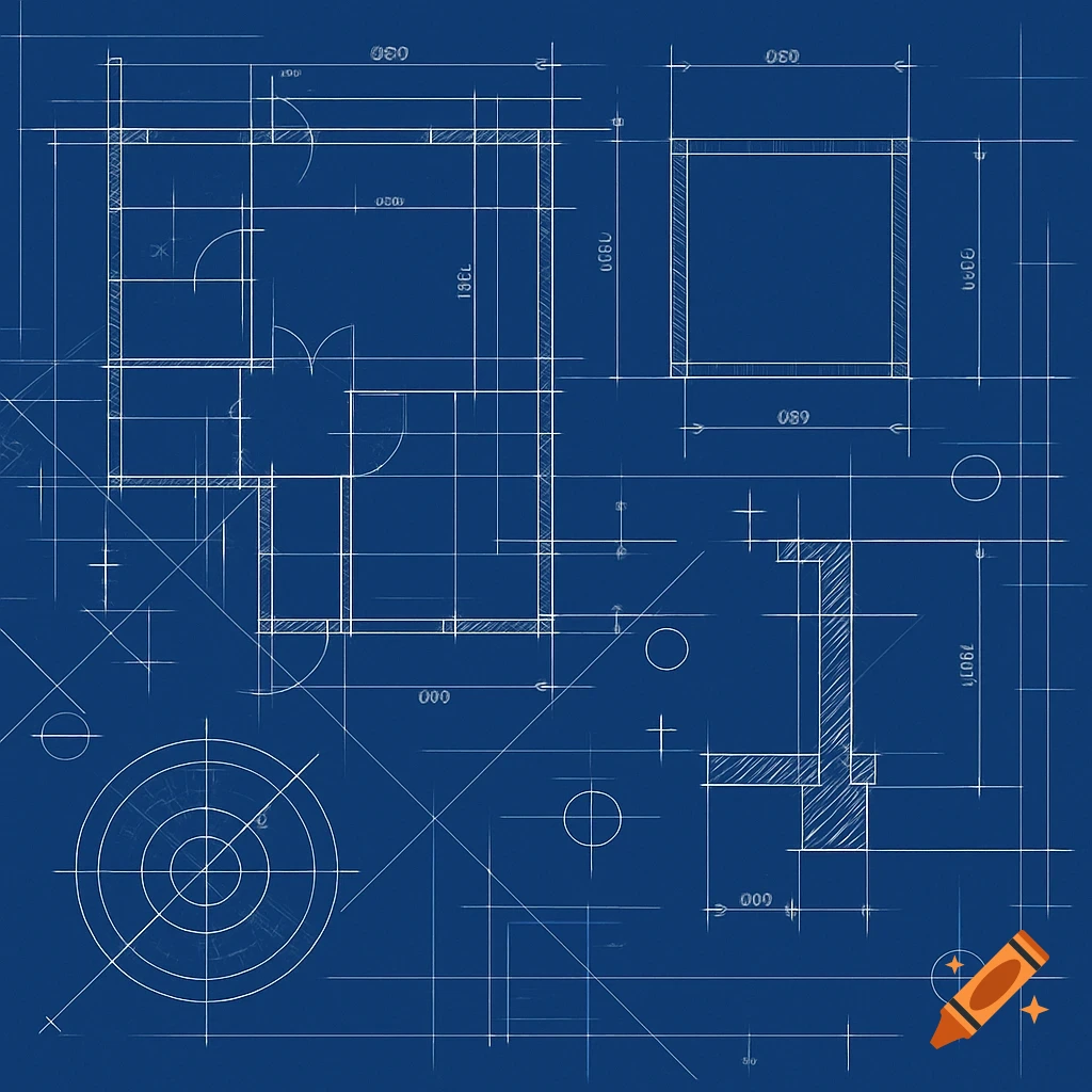 A white line blueprint of architectural plans and measurements on a dark blue background.