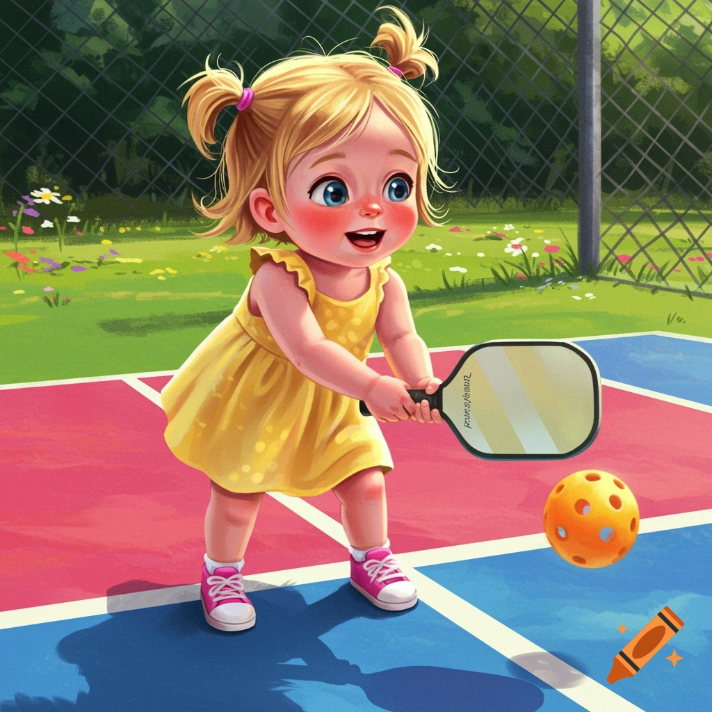 A cute cartoon baby girl in a yellow dress playing pickleball on a court with a green background.