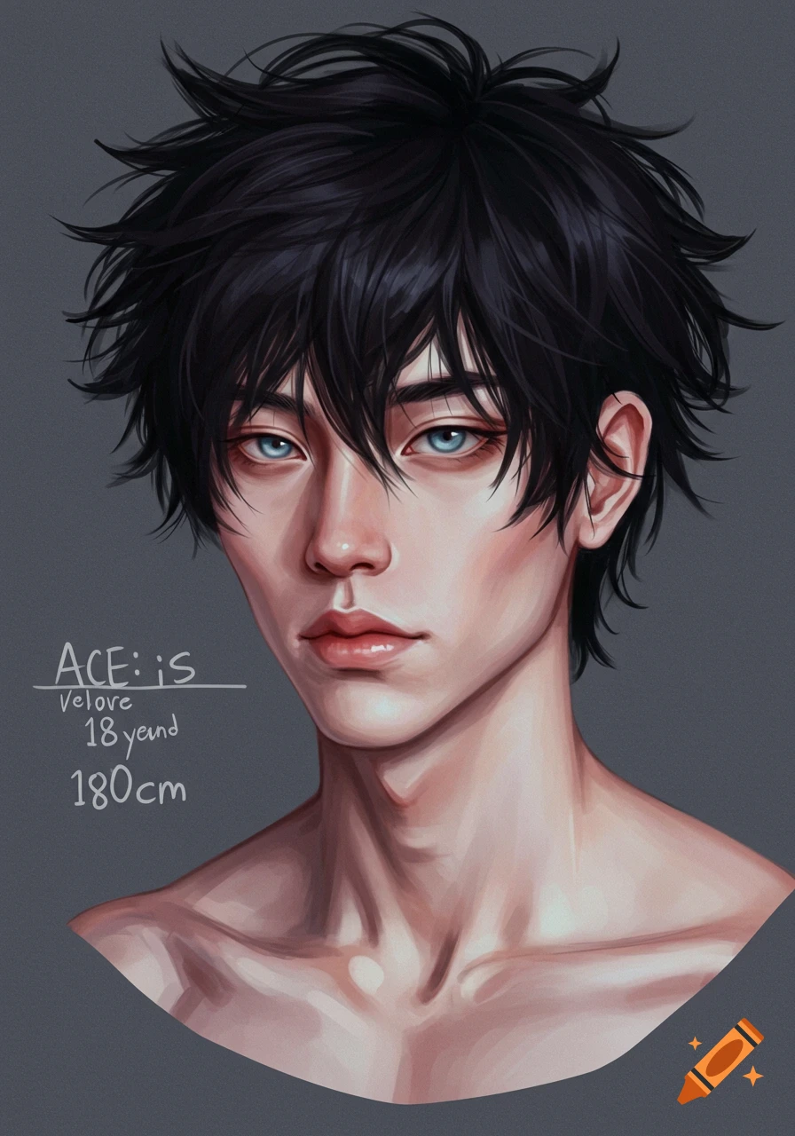 An illustrated portrait of a young man with messy black hair and blue eyes, against a grey background. Text on the left includes 'ACE: :is', 'Velore', '18 yeand', '180cm'.